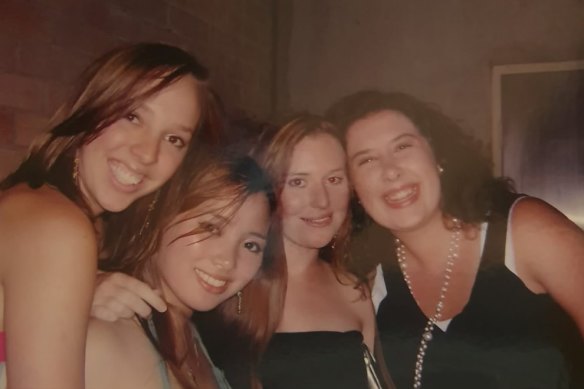 “I found three other women who would become my best friends. My bridesmaids.” (From left) Cayla with her Bathurst uni mates Michelle, Kasey and Mik.