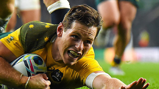 Bernard Foley scores a second try in the Wallabies’ win over England in their pool match at the 2015 World Cup.