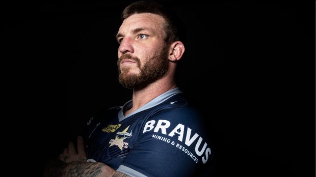 Cowboys forward Josh McGuire shows the new Bravus Mining logo on the Cowboys jersey.