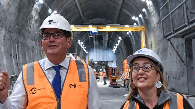 Premier Daniel Andrews and Transport Minister Jacinta Allan inspect progress at the State Library station of the Metro Tunnel recently. 