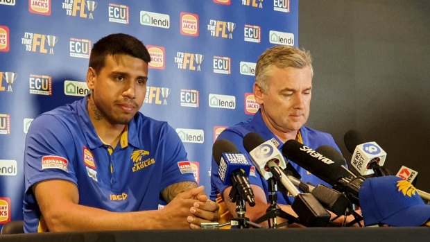 Ex-Geelong star Tim Kelly with West Coast coach Adam Simpson in Eagles colours after the clubs completed a successful trade for the 25-year-old.