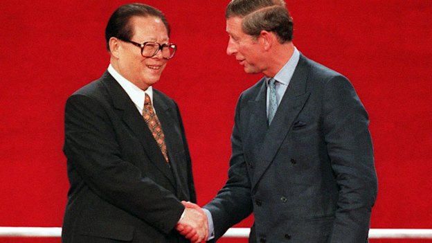 Chinese President Jiang Zemin, left, shakes hands with Prince Charles during the handover ceremony of Hong Kong to Chinese rule July 1, 1997. 