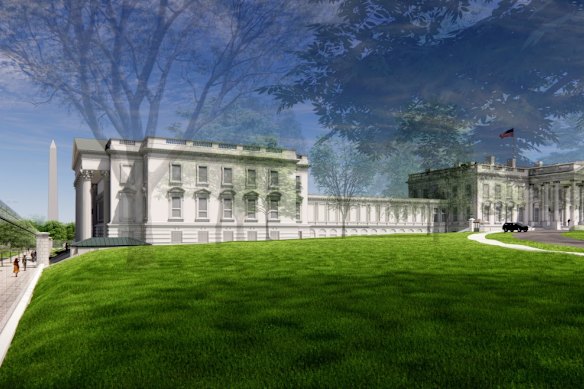 The renders depict a ballroom building that is roughly the same height as the White House, with a larger footprint.