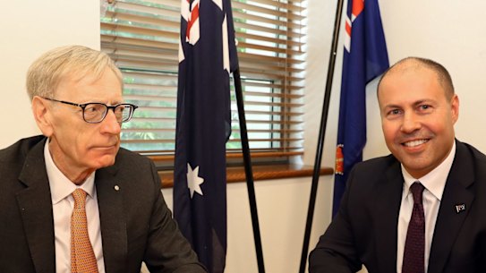 Commissioner Kenneth Hayne and Treasurer Josh Frydenberg (right).