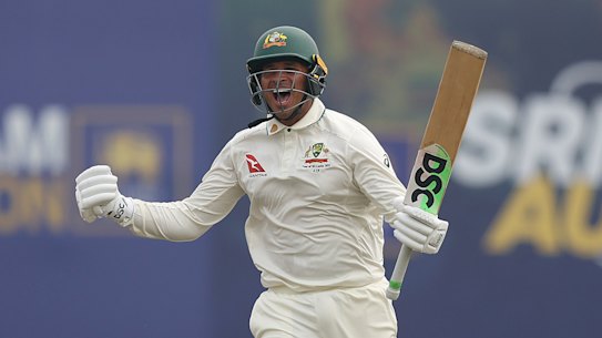 Usman Khawaja celebrates his century in Galle.