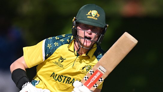 Ollie Peak on his way to a century against England, his second of the Under-19 World Cup.