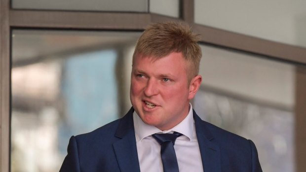 United Patriots Front leader leader Blair Cottrell outside Melbourne Magistrates Court.