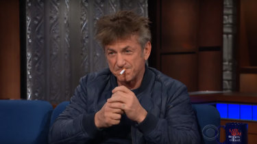 Sean Penn lit up in the middle of his Late Show interview.