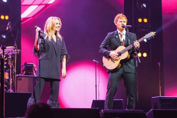Gudinski’s final coup: Kylie Minogue and English singer Ed Sheeran perform together.