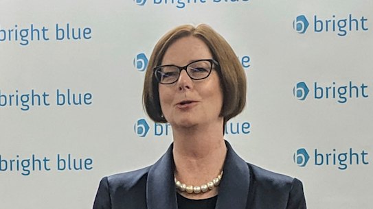 Former PM Julia Gillard, Chair of the Global Partnership for Education alongside the UK International Development Secretary Alok Sharma, for discussion on aid hosted by think tank Bright Blue in Manchester, England.
