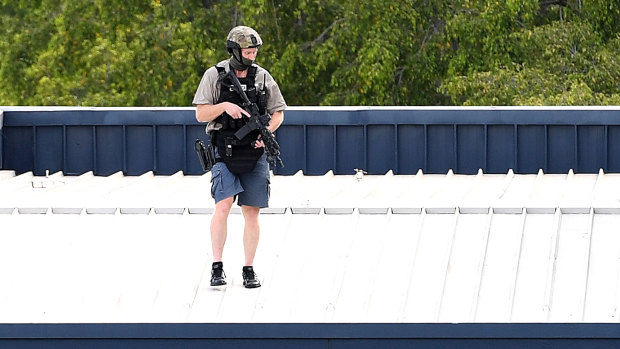 A SERT officer on the hotel roof.
