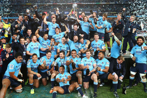 The Waratahs celebrate after beating the Crusaders in the 2014 Super Rugby final.