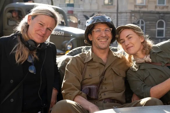 Kate Winslet (right), as Lee Miller, on the set of Lee with director Ellen Kraus and co-star Adam Samberg.