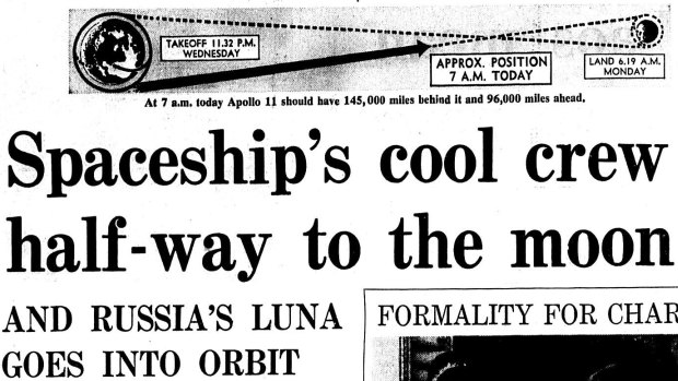 Front page of the Herald, 18 July 1969, Apollo 11's cool crew halfway to the moon.