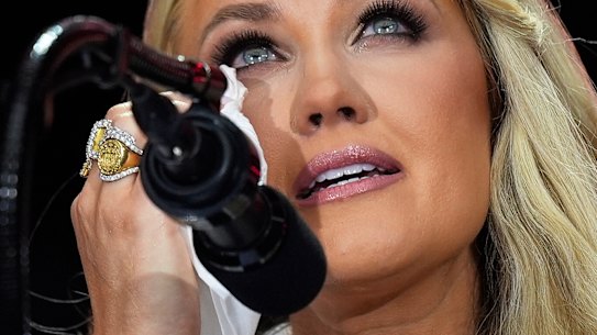 Erika Kirk speaks at the memorial service for her husband, conservative activist Charlie Kirk.