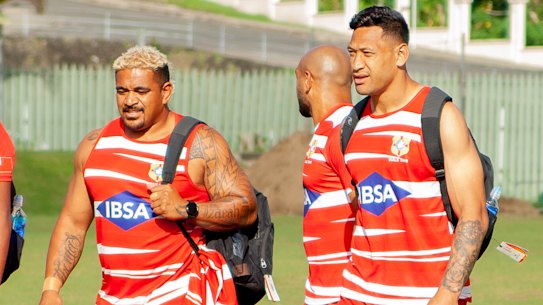 Israel Folau trains with his Tongan teammates in Fiji ahead of Saturday’s Test.