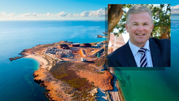Santos CEO Kevin Gallagher (inset) visited Varanus Island on his trip.