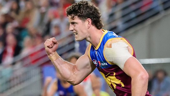BRISBANE, AUSTRALIA - JUNE 16: Jarrod Berry of the Lions celebrates a goal during the 2023 AFL Round 14 match between the Brisbane Lions and the Sydney Swans at the Gabba on June 16, 2023 in Brisbane, Australia. (Photo by Russell Freeman/AFL Photos via Getty Images)