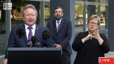 Andrew Forrest addresses reporters about a deal brokered by Minderoo Foundation to equip the WA government with 90 tonnes of medical supplies.