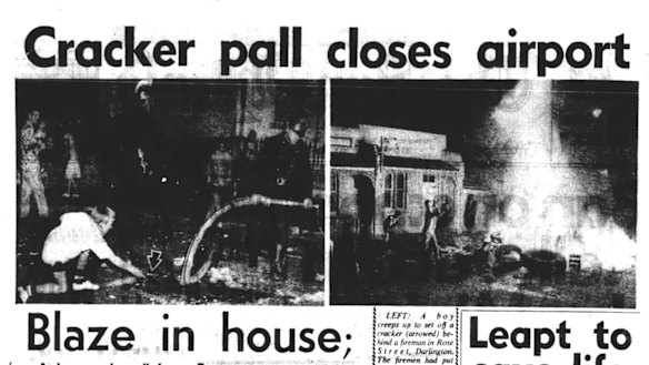 Headlines from The Sun-Herald of 24 May 1959, reporting on the cracker night chaos of the previous evening.