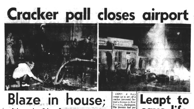Headlines from The Sun-Herald of 24 May 1959, reporting on the cracker night chaos of the previous evening.
