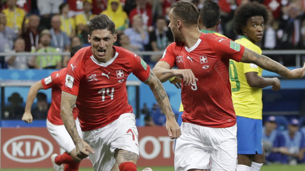 Switzerland's Steven Zuber celebrates his goal against Brazil.