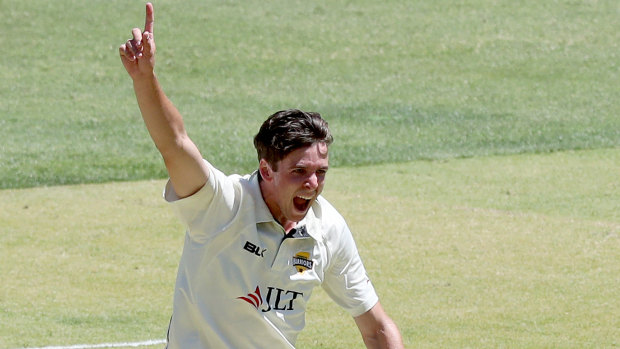 Big day out: WA's Jhye Richardson celebrates one of his eight Sheffield Shield wickets on Tuesday.
