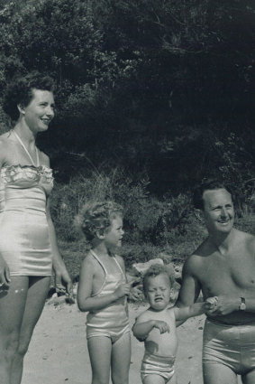 A family in the 1950s at Manly, from the exhibition ‘On The Beach: Gems from the Manly swimwear collection’.