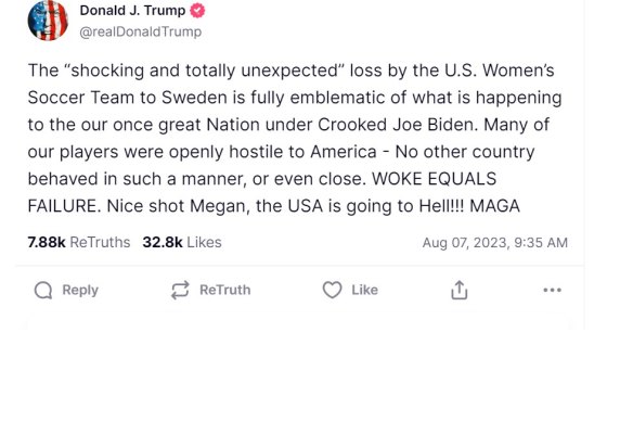Donald Trump’s provocative post about the US women’s soccer team on social media site Truth Social.