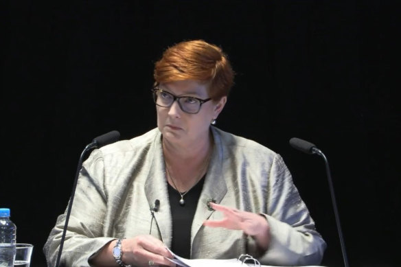 Senator Marise Payne giving evidence to the robo-debt royal commission. 