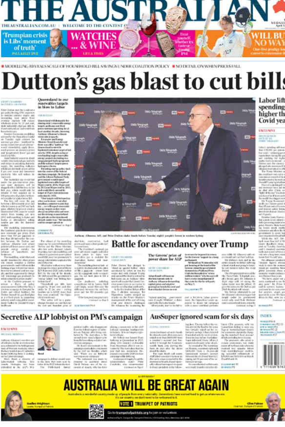 The Australian’s front page on Wednesday April 9.