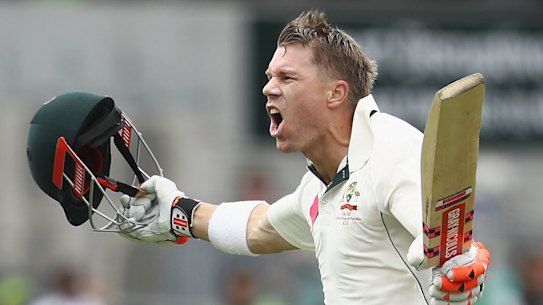 David Warner celebrates a century before lunch on the first day of the SCG Test in 2017.