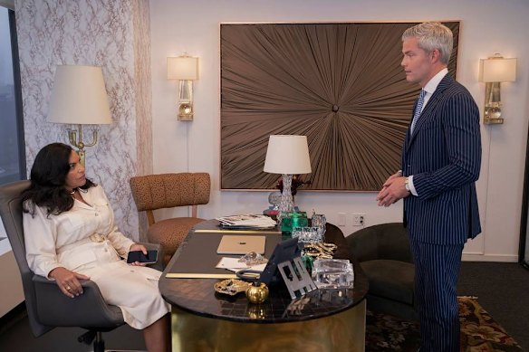 Show me the more interesting plot lines, please. Sarita Choudhury and Ryan Serhant in And Just Like That...