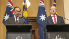 Malaysian Prime Minister Anwar Ibrahim and Anthony Albanese at a joint press conference on Monday.