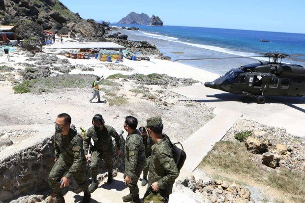 Philippine military personnel at Mavulis island, the northernmost post of the Philippines, in 2021.