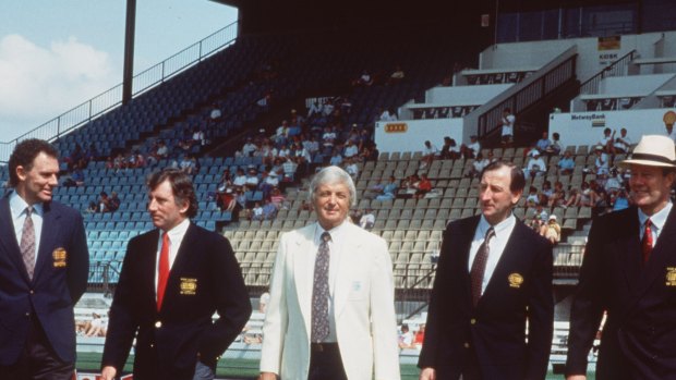 The Channel Nine commentary team of Greg and Ian Chappell, Richie Benaud, Bill Lawrie and Tony Greig in 1998.