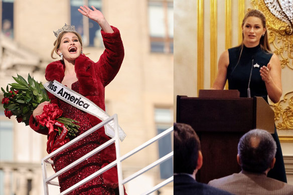 Nuclear engineer Grace Stanke as Miss America, left, and speaking at the Nuclear Energy Policy Summit 2023 in New York.