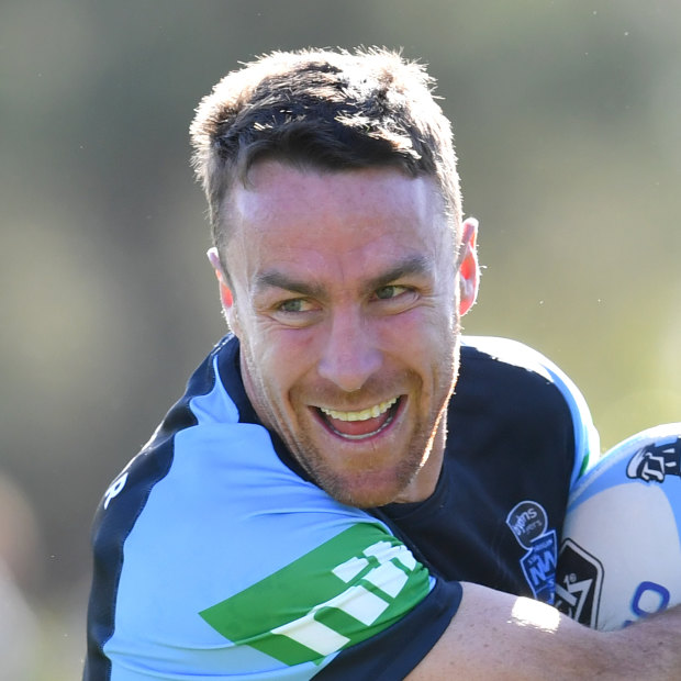 Sunny Jim: James Maloney laughs his way through a Blues training session in Perth.