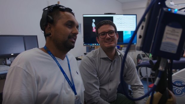 Griffith University researchers Dr Dinesh Palipana, left, and Dr Claudio Pizzolato, will progress to clinical trials of their BioSpine device. 