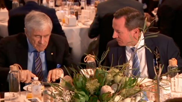 Billionaire Kerry Stokes and WA Premier Mark McGowan at a business breakfast on Tuesday morning.