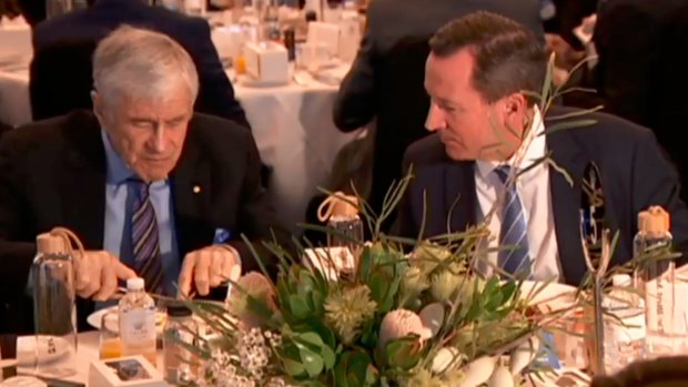 Billionaire Kerry Stokes and WA Premier Mark McGowan at a business breakfast on Tuesday morning.