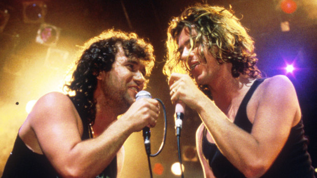 Jimmy Barnes and Michael Hutchence on stage in Richard Lowenstein's documentary Australian Made.