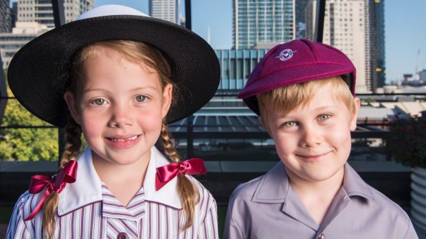 Prep students Amali Melville and Tate Verhagen on the roof of Melbourne's first vertical school Haileybury, which opened this year.