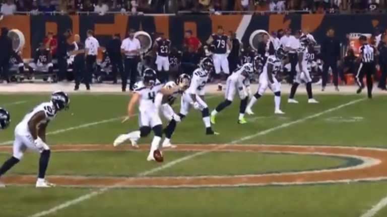 Seattle Seahawks punter Michael Dickson utilises a dropkick against Chicago Bears at Soldier Field.