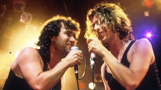 Jimmy Barnes and Michael Hutchence on stage in Richard Lowenstein's documentary Australian Made.
