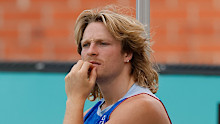 Cody Weightman looks on at Bulldogs training in 2026.