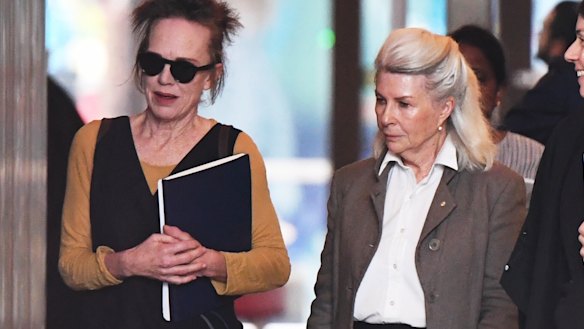 Actors Judy Davis and Robyn Nevin outside court on Monday. 