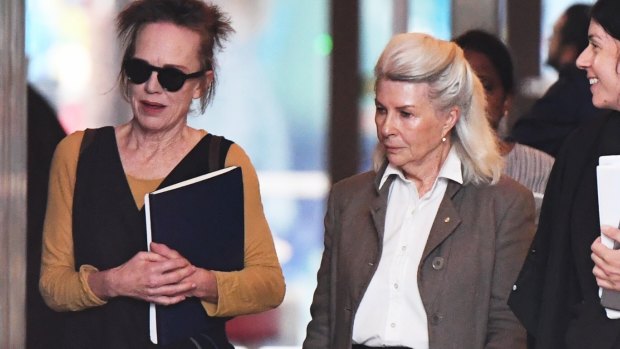 Actors Judy Davis and Robyn Nevin outside court on Monday. 