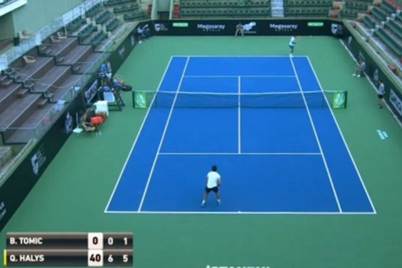 Tomic and Quentin Halys in their match in Istanbul in 2021. Halys won 6-0, 6-1.