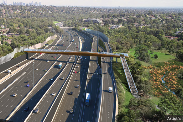 A dramatically widened Eastern Freeway – shown here with more than 20 lanes – is part of the North East Link project.